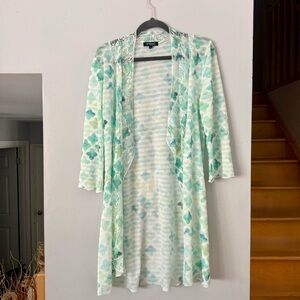 🇨🇦Papa Fashions Green Floral Kimono Cardigan - Mesh Lace Trim 3/4 Sleeve